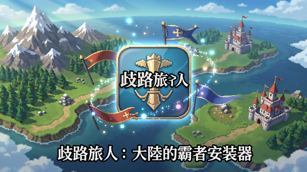 画面中央展示《歧路旅人:大的霸者安装器》的图标,背景为HD-2D风格的广袤大陆,像素风格的雪山、森林与城堡错落有致,光影层次分明。图标悬浮于画面中央,周围环绕着微光粒子与飘动的旗帜。整体布局采用对称构图,图标下方用艺术字书写“歧路旅人:大的霸者安装器”字样。风格为复古像素与3D渲染结合,细节丰富,色彩鲜艳且柔和,画质清晰干净,无多余元素。