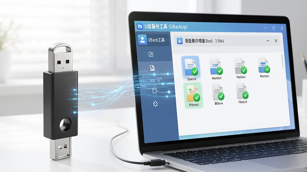 主体:笔记本电脑旁边放置着一个U盘,屏幕上显示