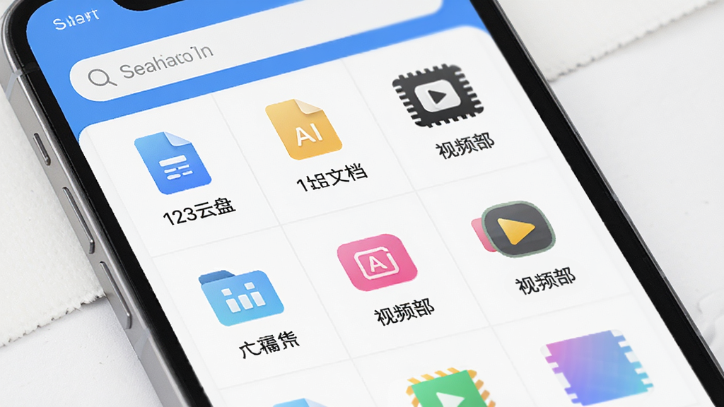 主体:手机端123云盘文件分类界面,图片、文档、视频等类别清晰可见;布局:网格状排列,顶部搜索框;排版:图标与文件名简洁展示;风格:清新简洁风;细节:AI识别标签高亮显示;画质:高清,干净,无多余元素
