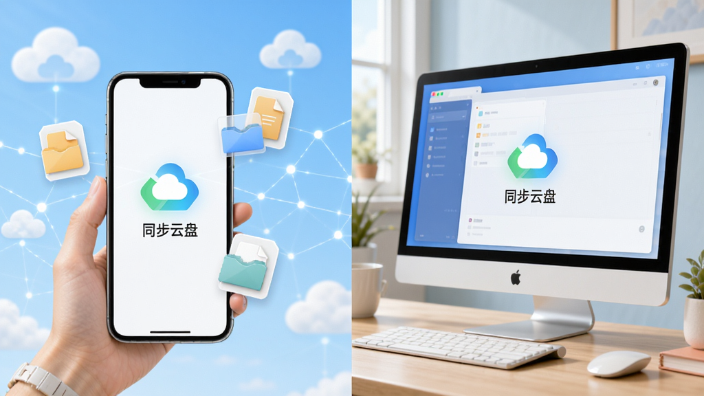 主体:手机与电脑同时登录123云盘进行文件同步的场景;布局:左右分屏,左侧手机,右侧电脑;排版:展示同步状态图标;风格:生活化场景,明亮色调;细节:文件图标悬浮,背景为云朵与网络线条;画质:高清,干净,无多余元素