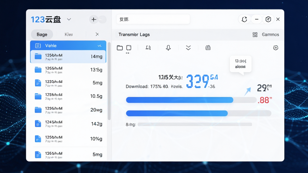主体:电脑端123云盘传输界面,显示高速上传下载进度条;布局:左侧文件列表,右侧传输任务;排版:清晰展示文件大小与速度;风格:科技蓝白配色;细节:速度数值醒目,背景有网络波纹特效;画质:高清,干净,无多余元素