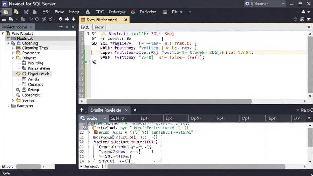 一张展示Navicat for SQL Server查询编辑器界面的截图,左侧是对象列表,右侧是SQL编辑区域和结果网格,高亮显示语法,布局专业,画质干净,无多余元素