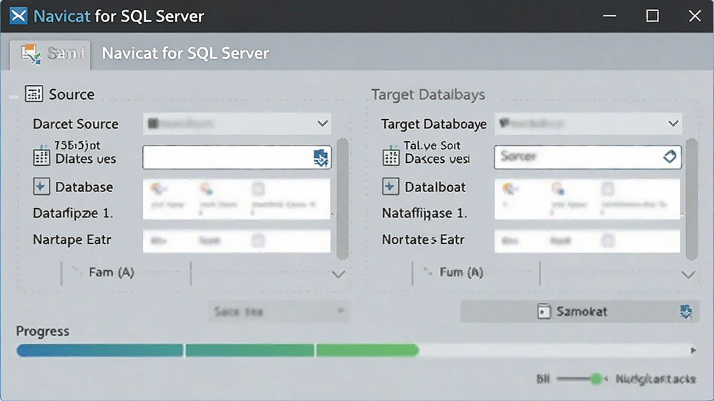 一张展示Navicat for SQL Server数据传输向导的截图,界面包含源数据库和目标数据库选择框,进度条清晰,风格现代,画质干净,无多余元素