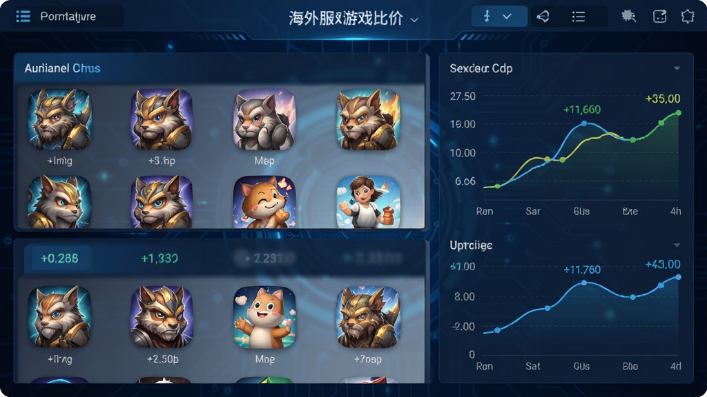 一张展示海外服游戏币比价器主界面的高清截图,界面包含多个游戏图标和实时价格曲线,主体为深蓝色科技感背景,布局简洁明快,风格现代,细节清晰,画质干净,无多余元素