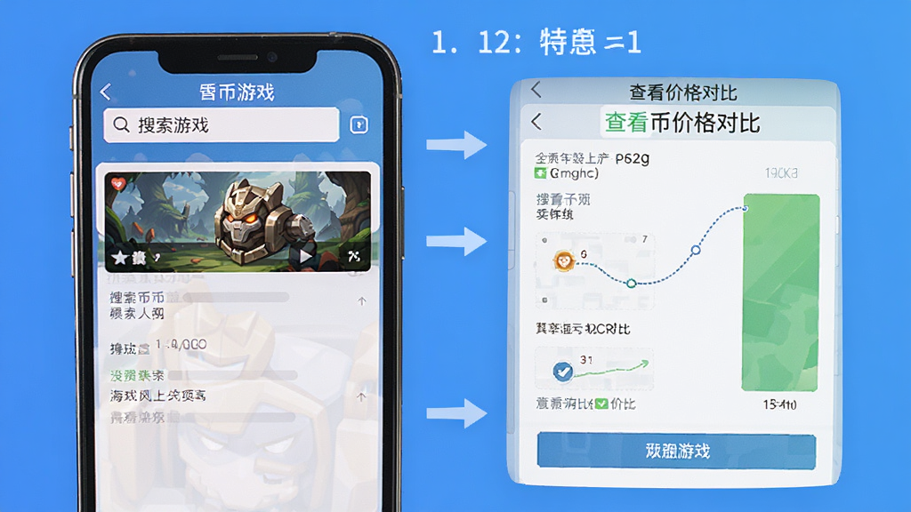 海外服游戏币比价器使用教程截图,展示搜索游戏和查看价格对比的操作步骤,主体为手机界面,布局步骤式,风格清新,细节清晰,画质干净