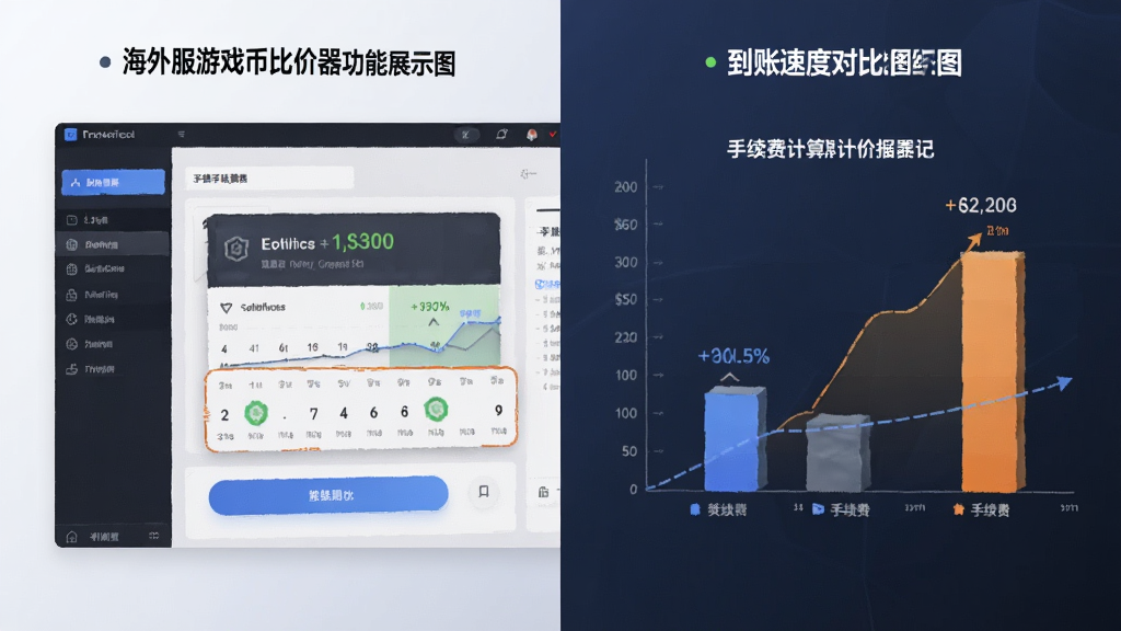 海外服游戏币比价器功能展示图,包含手续费计算器和到账速度对比图,主体为软件界面元素,布局左右分栏,风格商务,细节突出,画质干净