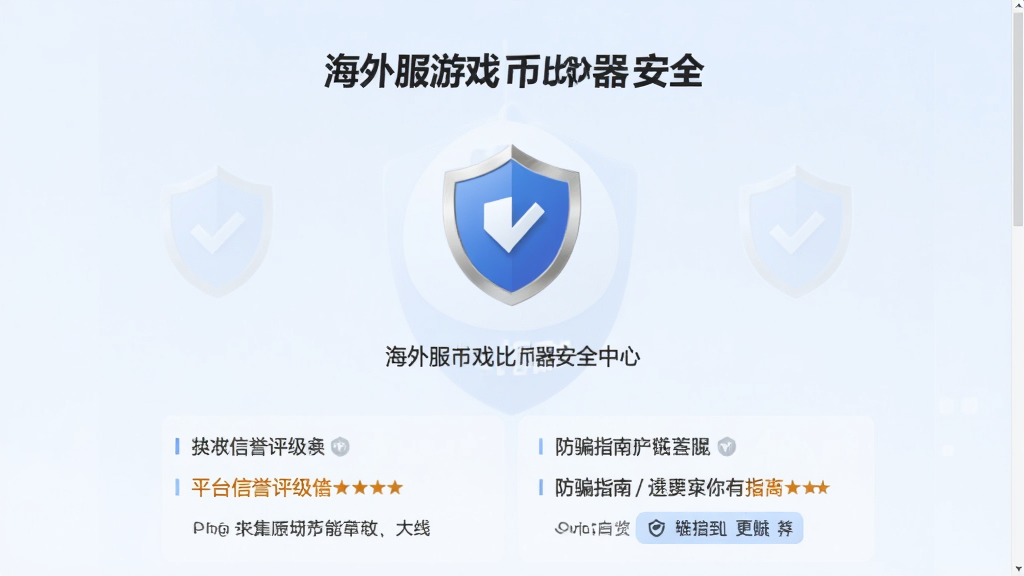 海外服游戏币比价器安全中心页面截图,展示平台信誉评级和防骗指南,盾牌图标居中,背景为淡蓝色,风格安全可靠,细节丰富,画质干净