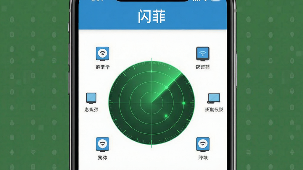 一张“闪菲”软件极速连接的界面截图风格图,画面主体为手机端“闪菲”操作界面,界面中央有一个醒目的雷达扫描动画,周围排列着已发现的设备图标,布局简洁,排版直观,风格扁平化UI设计,画质清晰,突出“闪菲”名称,干净无多余元素
