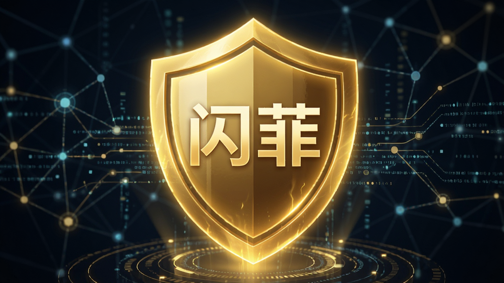 一张体现“闪菲”软件安全性能的概念图,画面主体为一个发光的金色盾牌图标,盾牌内部有“闪菲”字样,背景是抽象的数字网络节点与数据流,整体布局有层次感,排版大气,风格科技感与安全感并存,画质高清,干净无多余元素