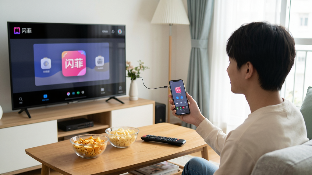 一张“闪菲”软件使用场景的实拍风格图,画面中一位年轻人在客厅用手机连接电视大屏,电视上正在播放“闪菲”的投屏界面,茶几上摆放着零食和遥控器,布局自然,排版生活化,风格温馨明亮,画质清晰,干净无多余元素