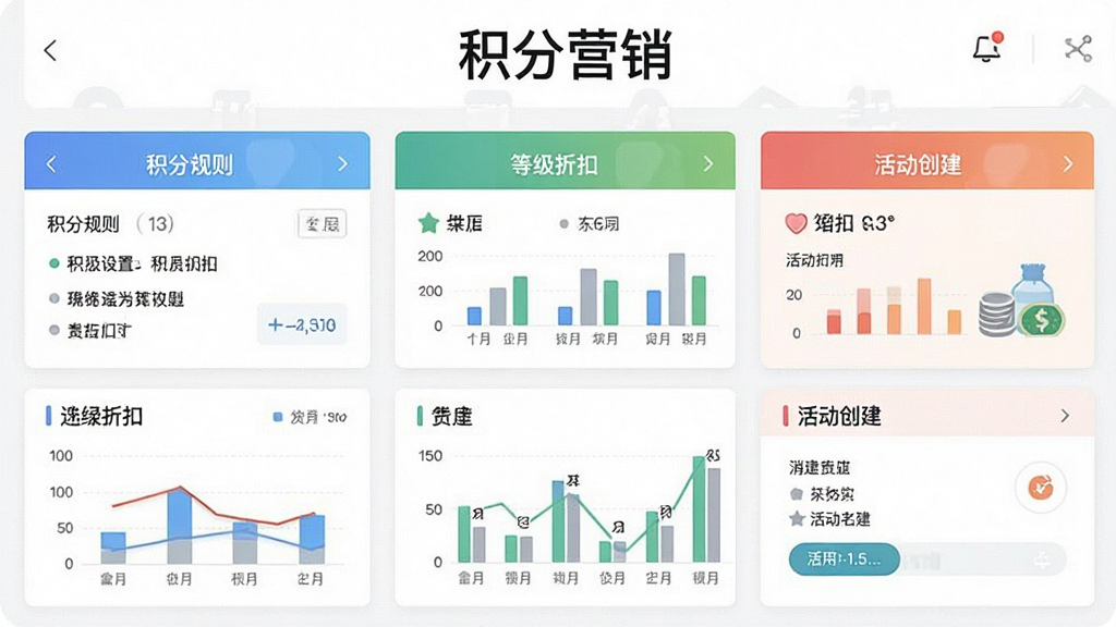 一张会员卡刷卡消费管理系统的积分营销界面截图,展示积分规则设置、等级折扣、活动创建等模块,界面风格现代,图表结合,图片中显示文字“积分营销”,画质清晰,无多余元素