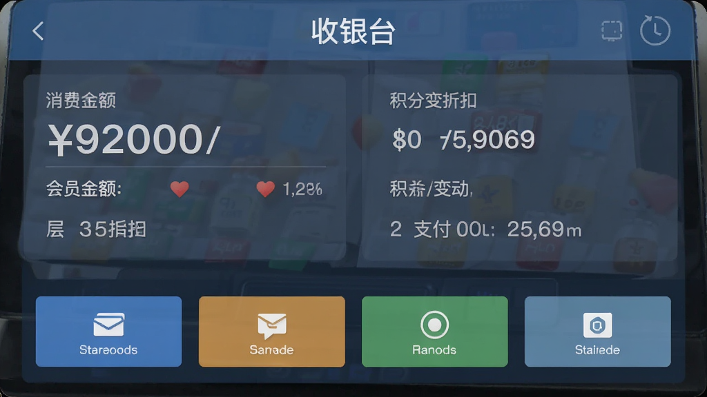 一张会员卡刷卡消费管理系统的收银台界面截图,显示消费金额、会员折扣、积分变动等信息,下方为支付方式按钮,界面简洁明了,色彩搭配舒适,图片中显示文字“收银台”,画质高清,无多余元素