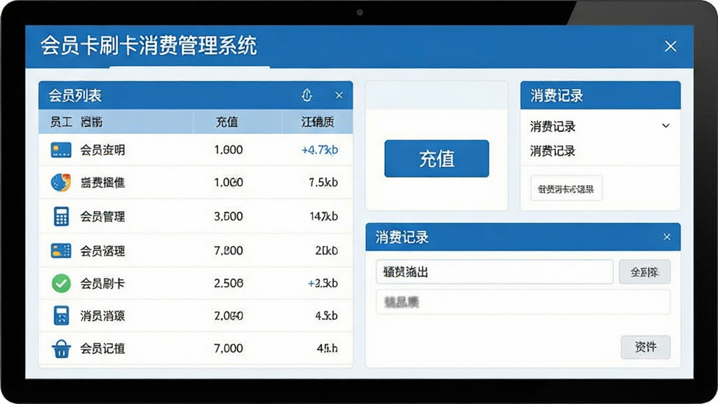 一张展示会员卡刷卡消费管理系统主界面的电脑截图,界面包含会员列表、充值按钮、消费记录等模块,整体风格简洁商务,色彩以蓝白为主,界面布局清晰,图标精致,画质高清,干净无多余元素,图片中显示文字“会员卡刷卡消费管理系统”