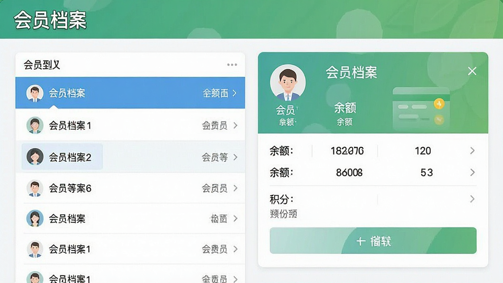 一张会员卡刷卡消费管理系统的会员档案管理界面截图,左侧为会员列表,右侧为会员详情卡片,展示会员等级、余额、积分等信息,界面配色清新,布局规整,图片中显示文字“会员档案”,画质清晰,无多余元素