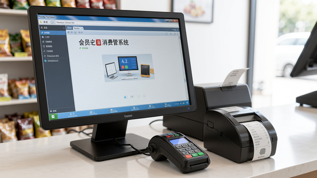 一张展示会员卡刷卡消费管理系统在电脑端运行时的实际使用场景照片,包括电脑屏幕显示软件界面、刷卡器、小票打印机等设备,整体环境为实体店铺收银台,画面真实自然,光线明亮,画质清晰,无多余元素