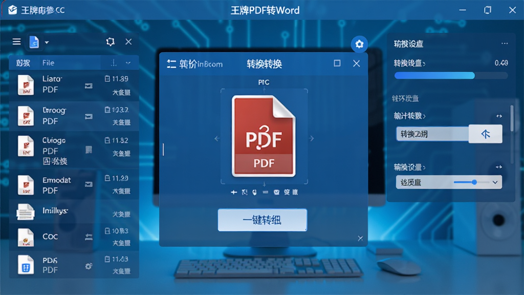王牌PDF转Word软件主界面,展示PDF文件拖拽至转换窗口,一键点击转换按钮,背景为简洁的办公桌面,蓝色科技感色调,界面布局清晰,包含文件列表、转换进度条与输出设置选项,现代扁平化设计风格,细节丰富,画质高清干净,无多余元素