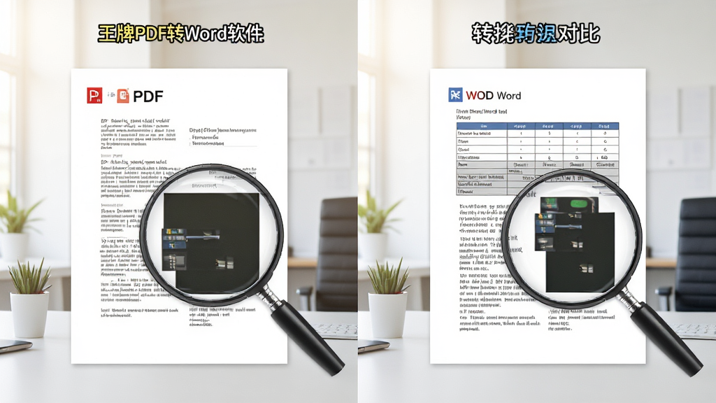 王牌PDF转Word软件展示PDF原文件与转换后Word文档并排对比,文字、表格、图片完全一致,放大镜查看细节,办公场景,明亮光线,专业软件展示风格,布局对称,画质清晰干净,无多余元素