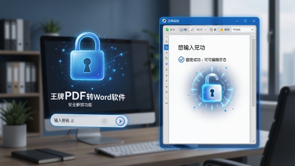 王牌PDF转Word软件安全解锁功能,显示输入密码后解密成功,文档转为可编辑状态,背景为办公室环境,锁形图标与解锁动画,科技感蓝色调,界面干净,无多余元素