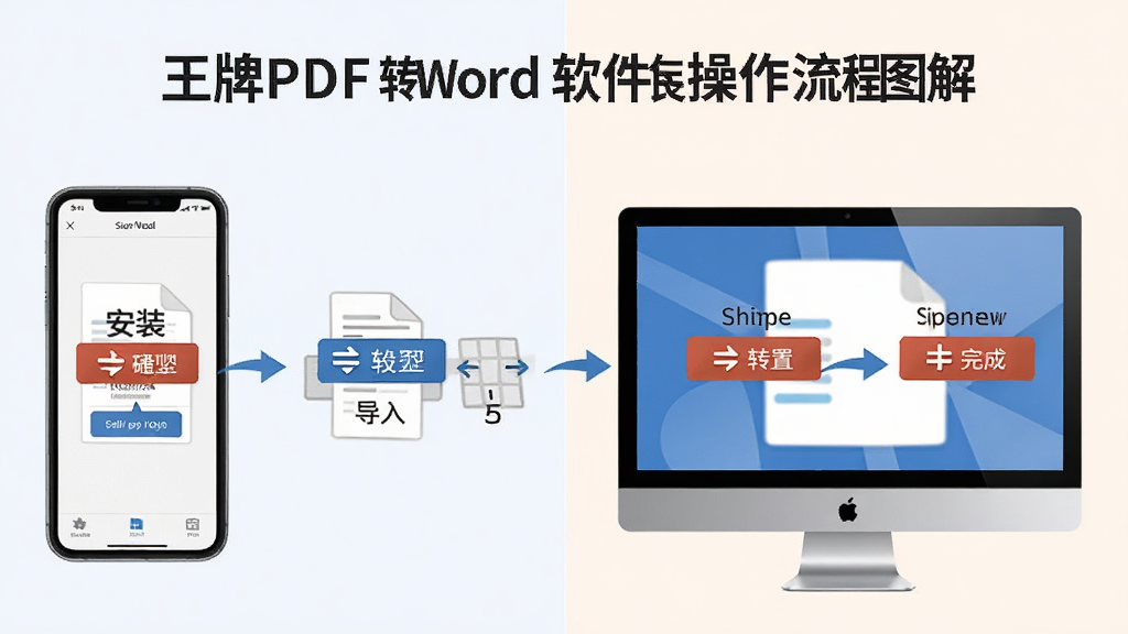 王牌PDF转Word软件操作流程图解,包含安装、导入、设置、转换、完成五个步骤,手机与电脑并排对比,清晰标注关键按钮,浅色背景,简洁风格,画质干净,无多余元素