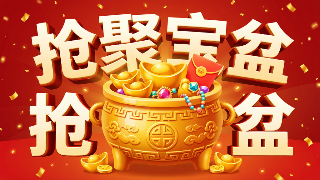 画面中央是一个金光闪闪、雕刻着传统吉祥纹样的聚宝盆,盆中堆满金币、金元宝、珠宝和红包,散发着温暖的光芒。背景是喜庆的红色渐变,点缀着飘落的金色粒子。整体布局以聚宝盆为主体,四周环绕着“抢聚宝盆”的立体艺术字标题。风格为现代扁平化结合微3D质感,色彩明亮饱和,细节丰富,画质高清,干净无多余元素。