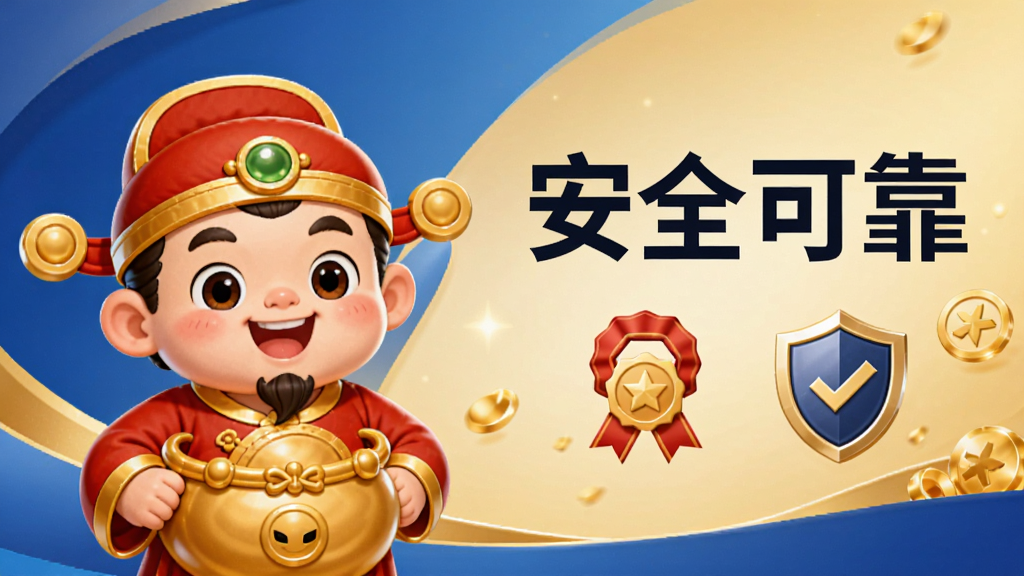 设计一张宣传横幅图,左侧是抢聚宝盆的吉祥物形象(一个可爱的小财神爷),右侧是简洁的图文说明,包含“安全可靠”四个大字和奖章、盾牌图标。背景是渐变的蓝色与金色相间,风格为商务宣传海报,布局平衡,字体清晰,画质精致,干净无多余元素。