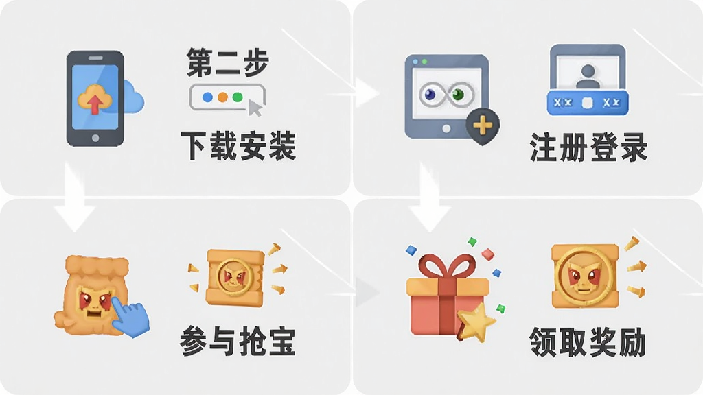 制作一张教学指引图,画面分为四个步骤:第一步是下载安装,第二步是注册登录,第三步是参与抢宝,第四步是领取奖励。每步配有小图标,整体风格为信息图设计,背景为浅灰色,文字简洁清晰,布局条理分明,画质干净,无多余元素。