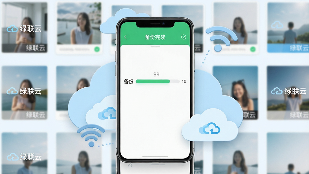主体:智能手机屏幕显示绿联云备份界面,背景是一排整齐的照片缩略图,顶部有