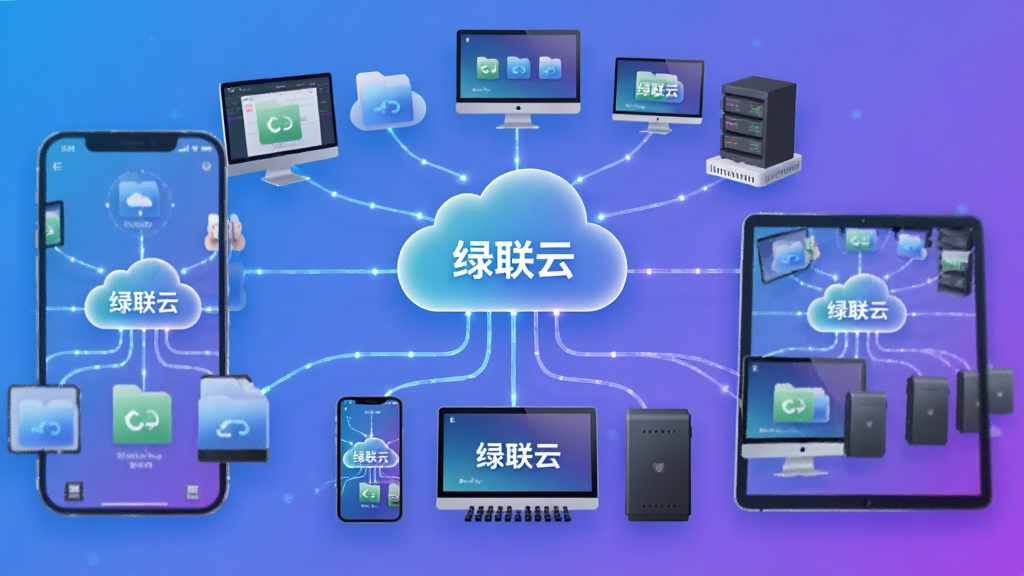 主体:绿联云软件主界面在手机与电脑平板上同时显示的3D概念图,中央悬浮一个发光的云朵图标,云朵下方连接着手机、电脑、NAS硬盘等设备,布局:云朵位于画面中心,设备环绕四周呈放射状连线,排版:上下对称,设备图标大小错落有致,风格:科技感,蓝紫色渐变背景,细节:云朵图标上有