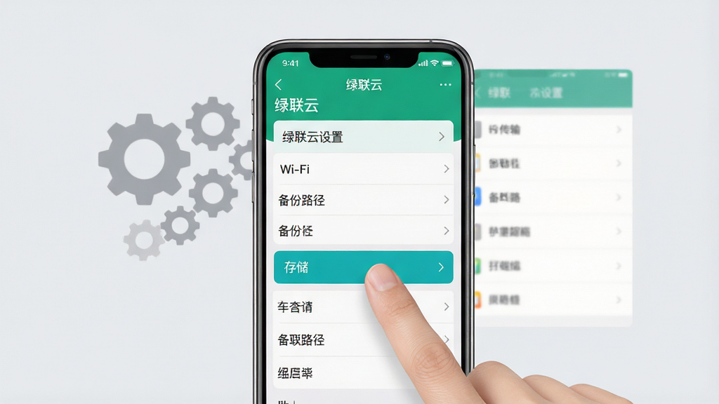 主体:手机屏幕显示绿联云设置页面,手指正在点击“存储”选项,背景有齿轮图标和列表,布局:手机居中,设置项从上到下排列,排版:清晰直观,风格:扁平写实,浅灰背景,细节:屏幕上有“绿联云”标题,以及“Wi-Fi传输”“备份路径”等文字,画质:高清,干净,无多余元素