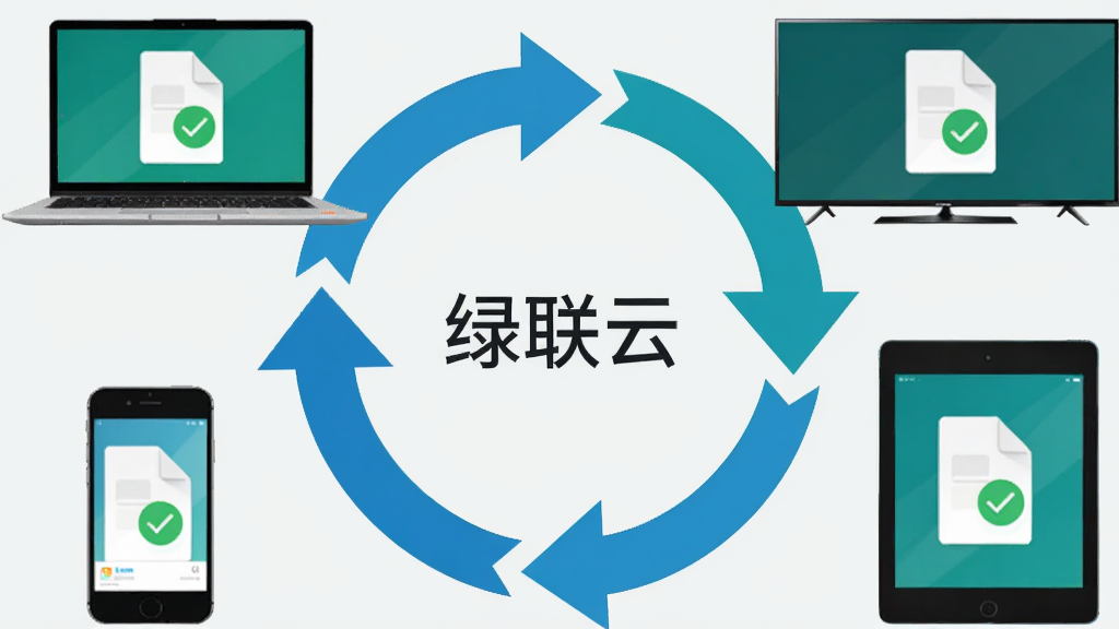 主体:一台笔记本电脑、一部手机、一台平板和一台智能电视围绕一个圆形同步箭头排列,箭头中心有