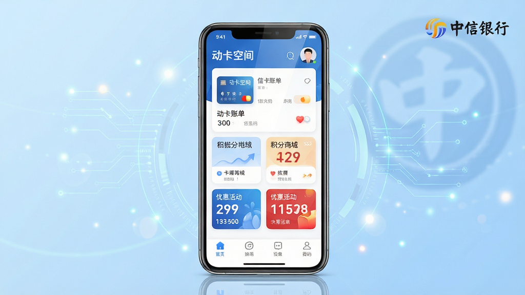 主体:一部智能手机屏幕展示“动卡空间”APP主界面,界面清晰显示信用卡账单、积分商城、优惠活动等核心功能模块。布局:手机居中,背景为浅蓝色渐变,四周有轻盈的科技感线条和光点装饰。排版:APP界面内各功能图标整齐排列,上方有“动卡空间”字样和用户头像。风格:现代简约,金融科技感,色彩明快。细节:屏幕反射柔和光线,界面文字清晰可见,背景有中信银行标识元素。画质:高清渲染,干净无多余元素。