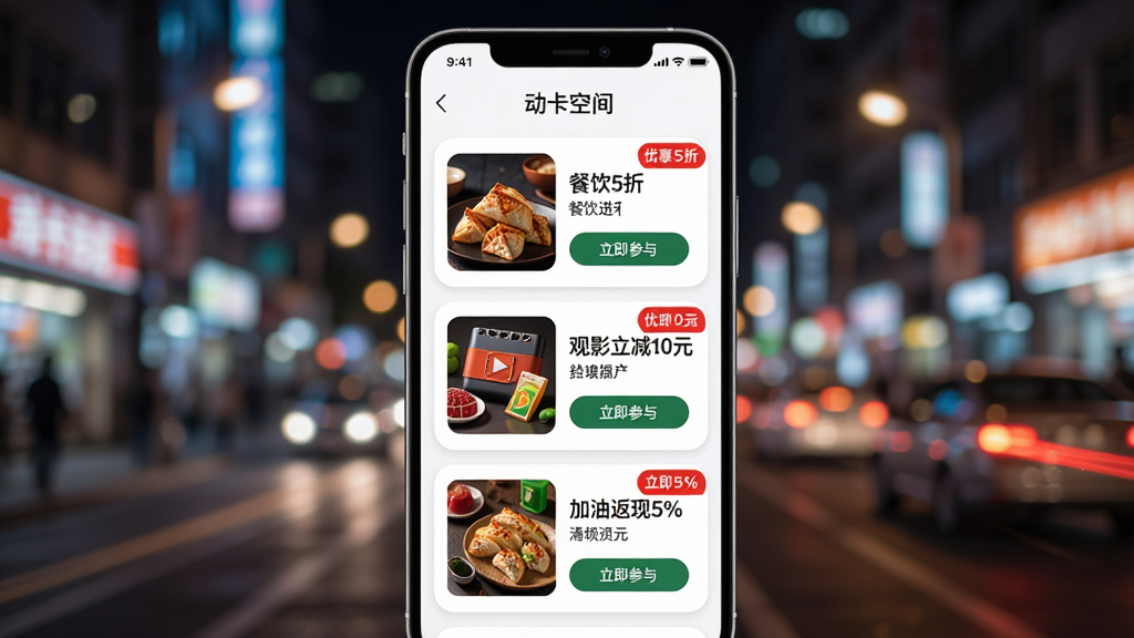 主体:手机屏幕显示“动卡空间”优惠活动列表,包含餐饮5折、观影立减10元、加油返现5%等卡片。布局:手机竖屏,背景为街道模糊夜景,突出屏幕内容。排版:活动卡片纵向排列,每张卡片有活动图片、标题和“立即参与”按钮。风格:现代都市,促销感强。细节:卡片圆角设计,优惠标签使用红色,背景有灯光光斑。画质:高清,干净,无多余元素。