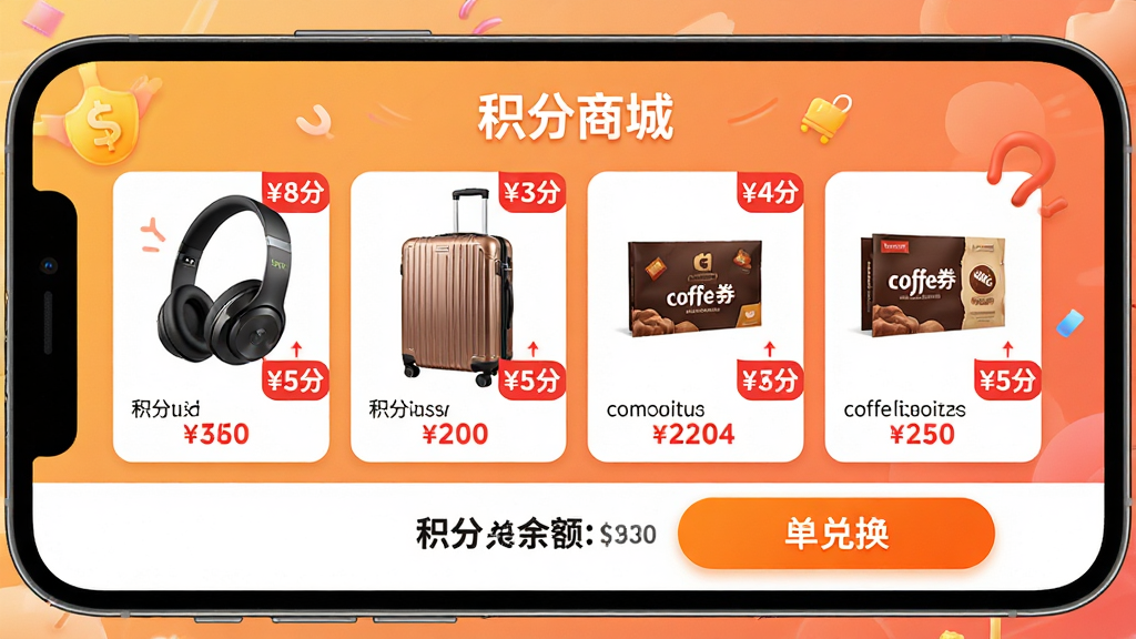 主体:动卡空间APP的积分商城页面,展示多款可兑换商品(耳机、行李箱、咖啡券),底部有积分余额和兑换按钮。布局:手机横屏展示,背景为暖色渐变,商品卡片呈网格排列。排版:顶部为“积分商城”标题,中部为商品图片和积分价格标签,底部为兑换按钮。风格:活泼时尚,电商风格。细节:商品图片精美,积分价格标红突出,兑换按钮为橙色。画质:高清,干净,无多余元素。