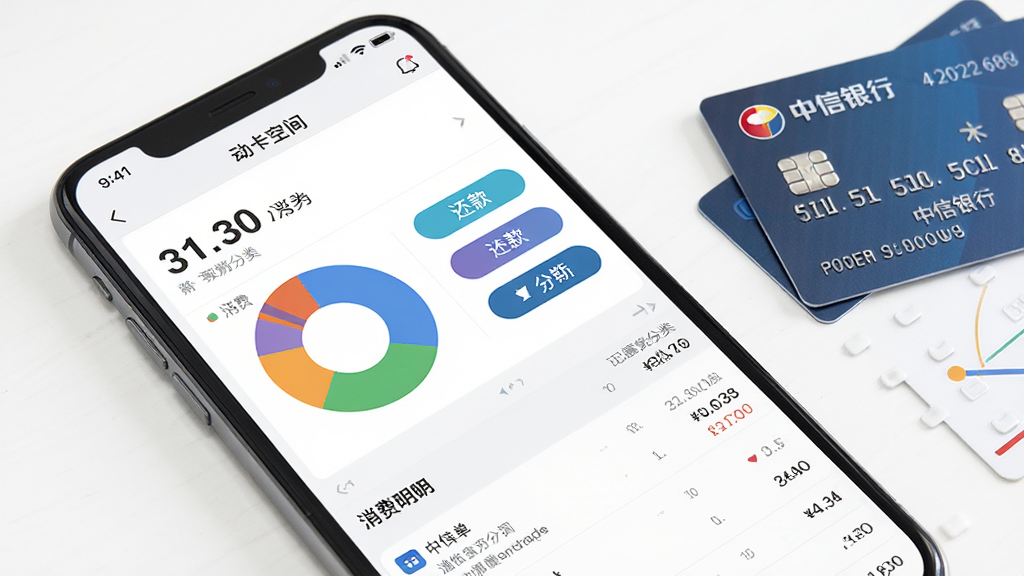 主体:手机屏幕显示“动卡空间”的账单管理页面,包含消费分类饼图、还款按钮和账单列表。布局:手机斜放,背景为白色桌面,旁边放有一张中信银行信用卡。排版:界面左侧为账单金额大数字,右侧为还款和分期按钮,下方为消费明细列表。风格:商务简洁,数据可视化清晰。细节:饼图色彩区分消费类别,信用卡卡片上有“中信银行”字样。画质:高清,干净,无多余元素。