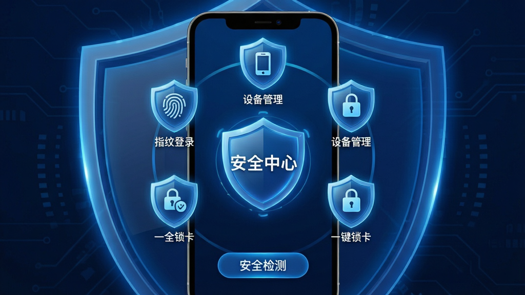 主体:动卡空间安全中心页面,展示“指纹登录”、“设备管理”、“一键锁卡”等安全功能图标。布局:手机屏幕居中,背景为深蓝色科技感纹理,四周有盾牌形状的防护罩光效。排版:功能图标呈环形排列,中央有“安全中心”字样,底部有“安全检测”按钮。风格:科技安全,严谨专业。细节:盾牌图标发光,每个功能图标下方有简短说明文字。画质:高清,干净,无多余元素。