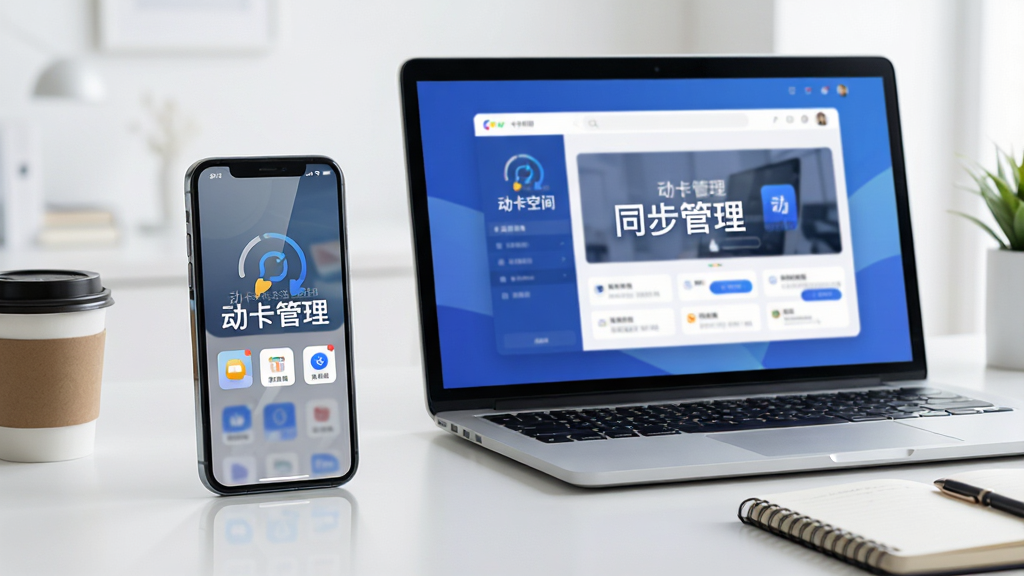 主体:一部手机和一台笔记本电脑并排摆放,屏幕上均显示“动卡空间”应用界面,象征跨设备使用。布局:手机在左,电脑在右,背景为简洁办公桌。排版:手机屏幕和电脑屏幕都展示应用首页,画面中央有“同步管理”字样。风格:商务科技,整洁明亮。细节:手机和电脑屏幕有微弱反光,桌面有咖啡杯和笔记本。画质:高清,干净,无多余元素。