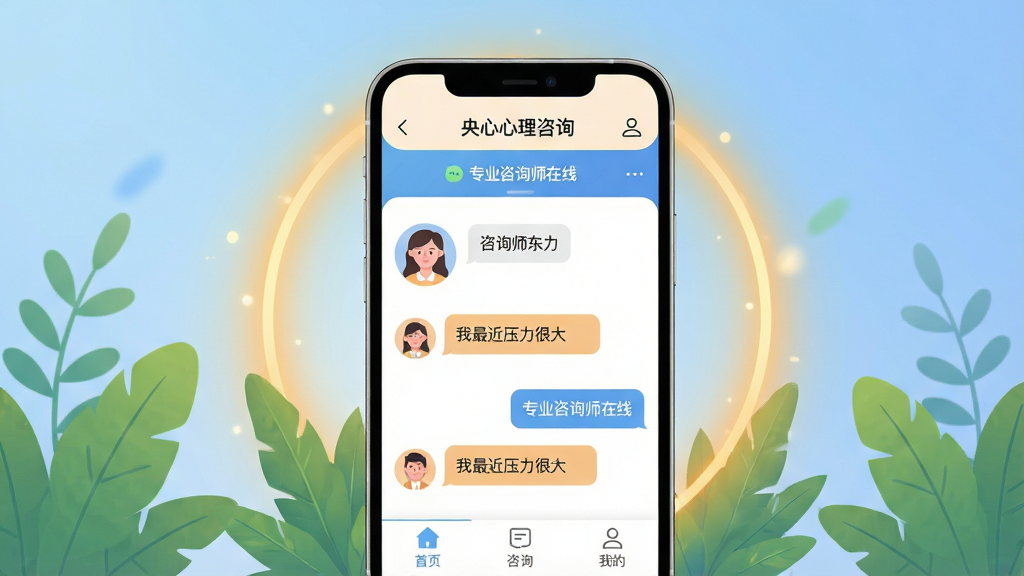 ���壺�ֻ���Ļ����ʾ������������ѯ����App���棬��Χ��������ů�Ĺ��κ���ɫֲ����֣��ֻ����У���Ļ���������ɼ�����ʾ��ѯʦͷ��ͶԻ����ݣ���������͵Ľ�����ɫ���Ű棺�����࣬��Ϣ�㼶�������С���ҳ��������ѯ�������ҵġ��ȱ�ǩ����񣺱�ƽ���廭���ɫ����ů������ǿ��רҵ�����Ρ�ϸ�ڣ���Ļ���С�רҵ��ѯʦ���ߡ��������������С������ѹ���ܴ󡱵ȶԻ����ݡ����ʣ����壬�ɾ����޶���Ԫ�ء�