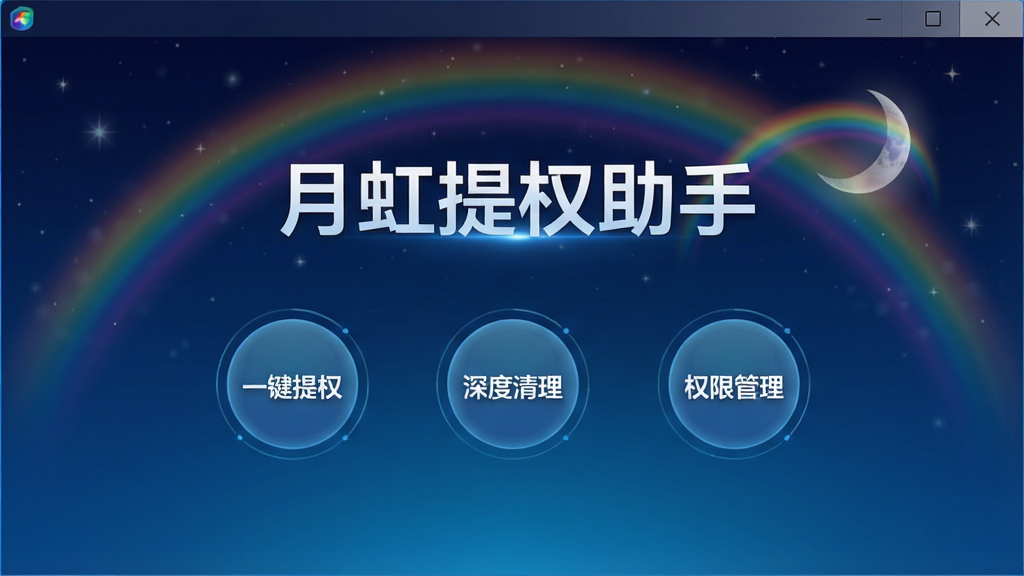 一张展示月虹提权助手主界面的图片,画面中央为软件名称“月虹提权助手”,下方有三个圆形功能按钮,分别标注“一键提权”“深度清理”“权限管理”,背景为深蓝色渐变,带有淡淡的星空与月虹元素,整体风格科技感十足,排版居中,画质清晰,干净无多余元素
