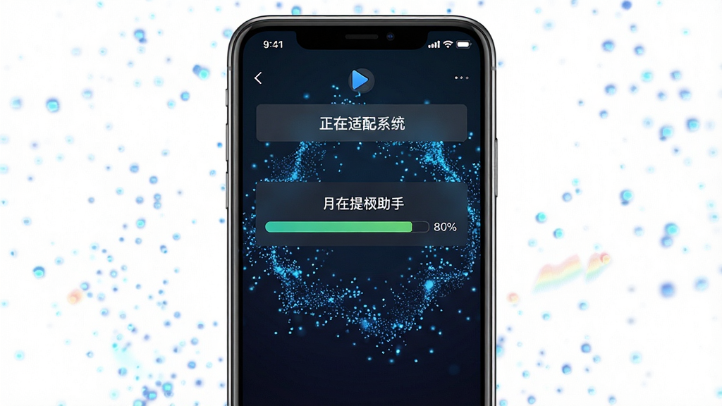 一张手机屏幕截图,显示月虹提权助手正在执行提权操作,进度条走到80%,上方有“正在适配系统”的提示文字,背景为动态的蓝色粒子特效,画面主体为手机屏幕,布局居中,风格写实,细节丰富,画质清晰,干净无多余元素