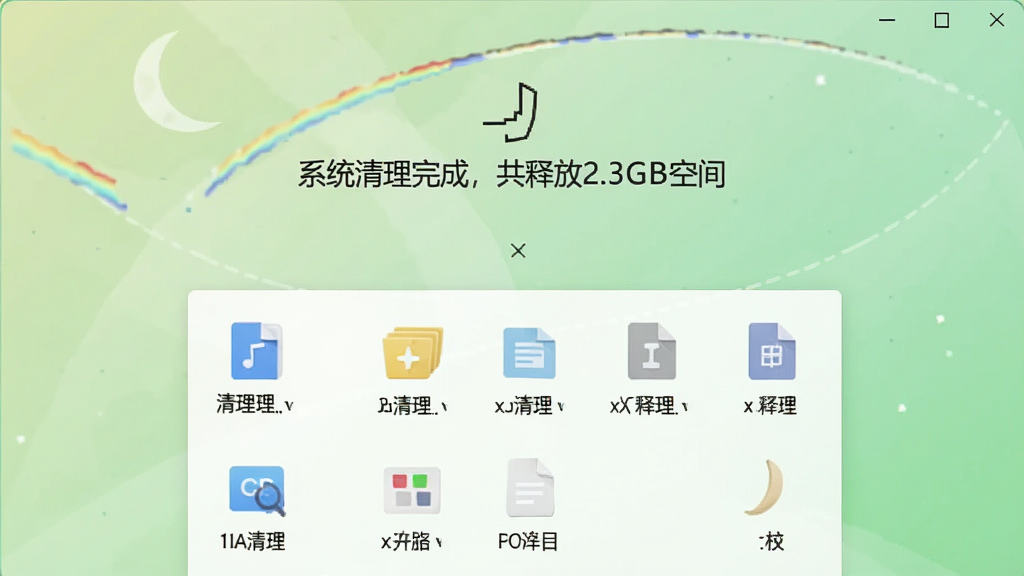 一张月虹提权助手深度清理功能的界面截图,屏幕上显示“系统清理完成,共释放2.3GB空间”的提示,下方列出清理的各类文件图标,背景为浅绿色渐变,风格简约清新,布局居中,画质清晰,干净无多余元素