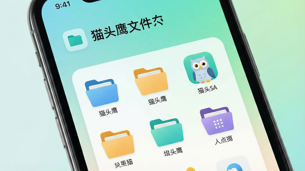 一幅现代风格的智能手机界面展示,屏幕中央显示“猫头鹰文件”主界面,文件分类图标整齐排列,背景为清新的渐变色,整体布局简洁明亮,界面元素高清细腻,画质干净无多余元素