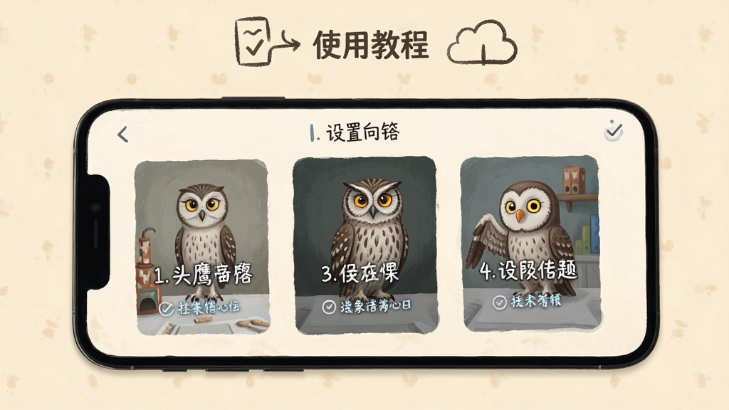 猫头鹰文件使用教程预览图,手机屏幕展示设置向导步骤,背景为浅色,界面引导清晰,布局友好,画质干净