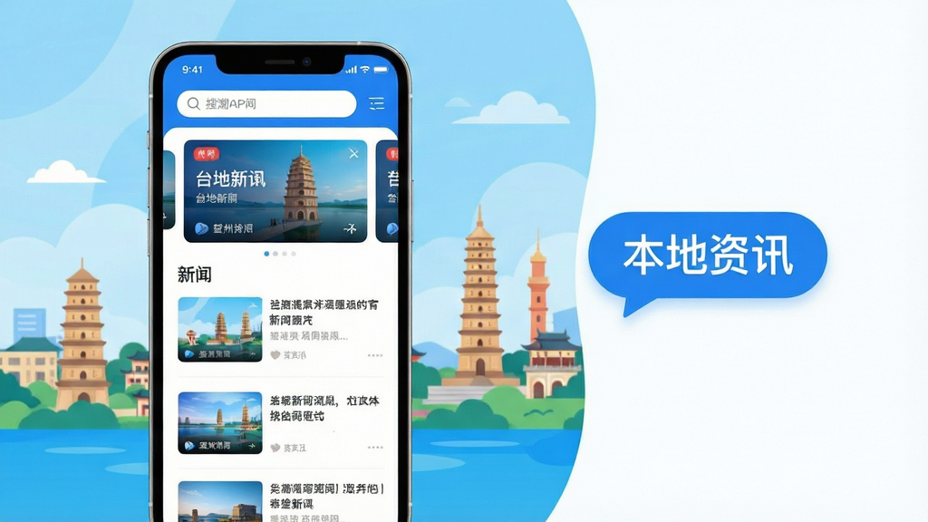 主体:一部亮着屏幕的智能手机,屏幕上显示望潮APP的首页界面,界面清晰展示新闻列表和台州城市地标背景。布局:手机位于画面中央偏左,右侧留白添加少量文字气泡标注“本地资讯”。排版:手机竖屏展示,界面内容从上到下依次为顶部搜索栏、轮播图区域、新闻卡片列表。风格:现代扁平化插画风格,色彩明快,以蓝色和白色为主色调。细节:手机屏幕内新闻卡片配有缩略图,整体画面干净整洁。画质:高清,干净,无多余元素。