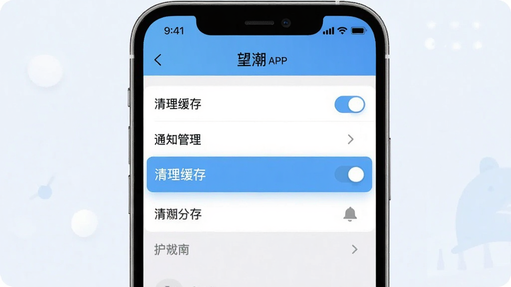 主体:手机屏幕显示望潮APP设置页面,有“清理缓存”、“通知管理”等选项。布局:手机居中,背景为浅色。排版:设置列表清晰,每项右侧有开关或箭头。风格:扁平化,简洁。细节:高亮“清理缓存”选项。画质:高清,干净,无多余元素。
