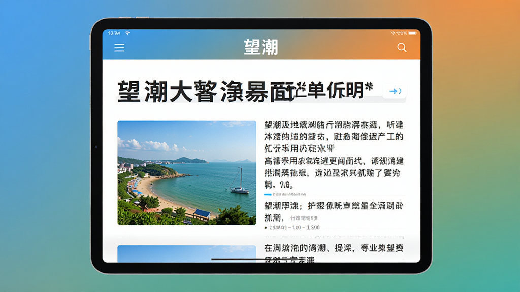 主体:一个平板电脑横屏显示望潮APP的新闻详情页,页面包含大标题、正文、配图。布局:平板居中,背景为渐变色。排版:新闻页面顶部有“望潮”字样,下方是标题和正文,左侧配有一张台州风景图。风格:写实与扁平结合,色彩自然。细节:界面清晰,文字可读性强。画质:高清,干净,无多余元素。