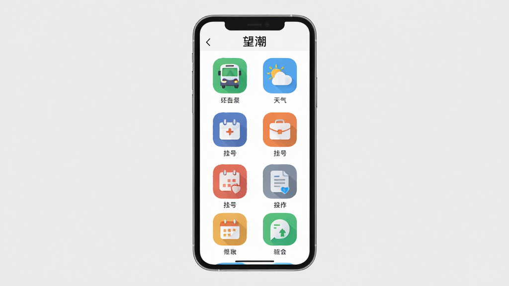 主体:手机屏幕展示望潮APP的服务功能页面,图标排列整齐,包含公交、天气、挂号等。布局:手机居中,背景为浅灰色。排版:功能图标以网格形式排列,每个图标下配有文字标签。风格:扁平化设计,色彩鲜艳。细节:图标设计简洁明了。画质:高清,干净,无多余元素。