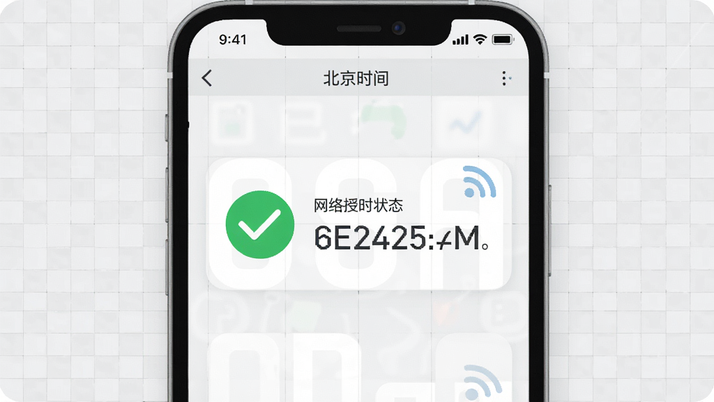 北京时间应用同步界面,显示网络授时状态图标,绿色对勾表示已同步,旁边有精确到毫秒的时间数据,背景为浅灰色网格,主体为手机屏幕模拟,布局居中,排版清晰,风格扁平化设计,细节包括信号波纹图标,画质高清,干净简洁