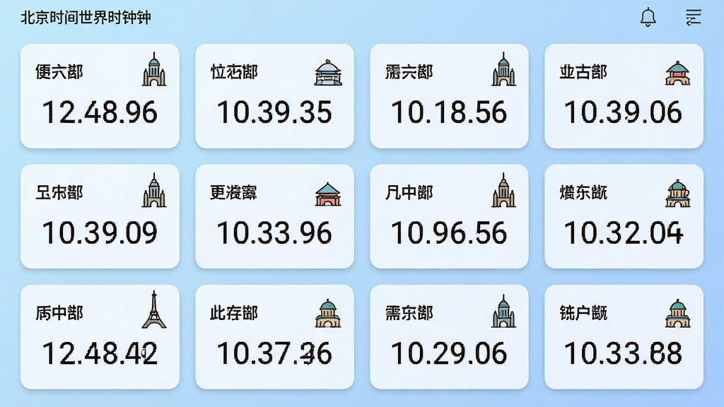 北京时间世界时钟界面,展示多个城市卡片,每个卡片显示城市名称和对应时间,背景为淡蓝色渐变,布局为网格排列,排版整齐,风格清新简约,细节包括城市地标小图标,画质高清,无多余元素
