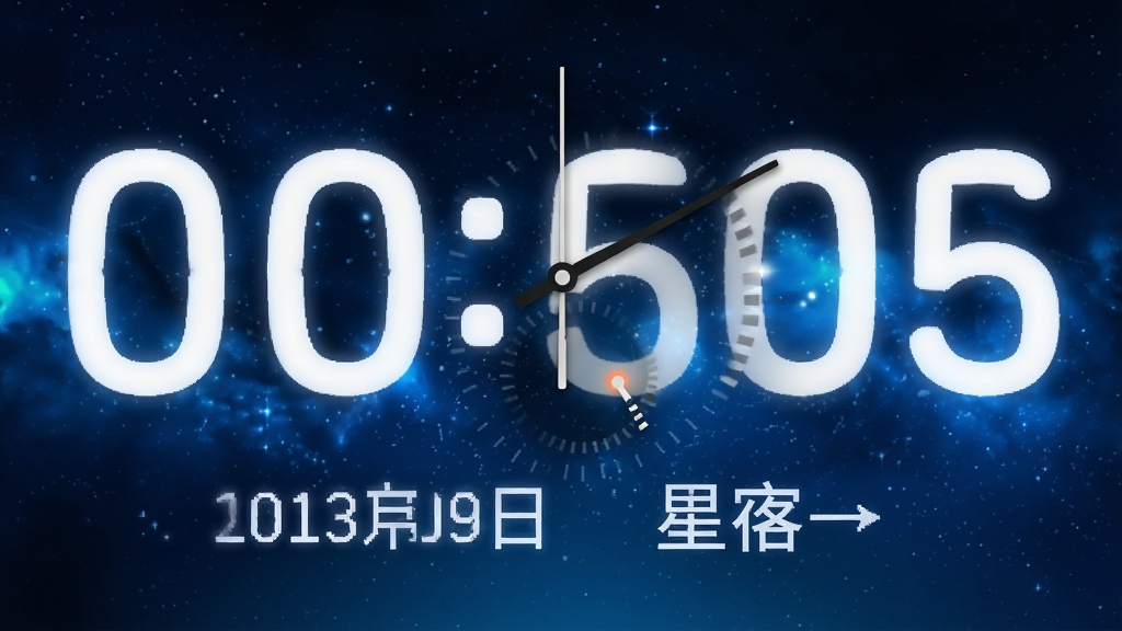 北京时间应用主界面,展示巨大数字时钟显示当前北京时间,背景为深蓝色星空渐变,界面中央有白色高亮时间数字,下方有日期和星期信息,布局简洁,排版居中,风格现代科技感,细节包括秒针跳动动画,画质高清,干净无多余元素