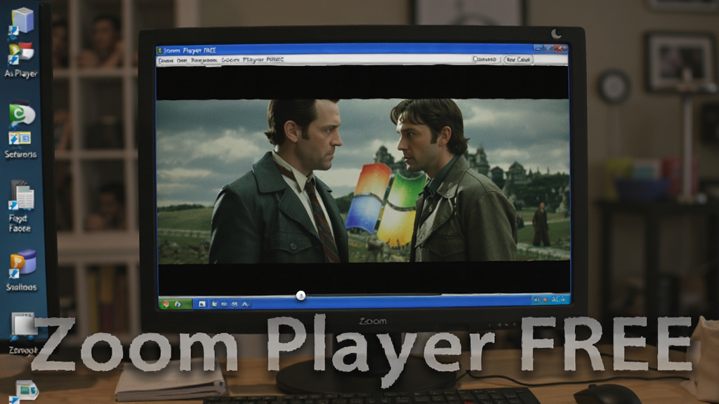 一张展示Zoom Player FREE在Windows电脑上播放视频的画面,电脑屏幕显示电影画面,周围是桌面环境,背景虚化,整体风格写实,细节丰富,画质清晰,无多余元素,文字标注“Zoom Player FREE”